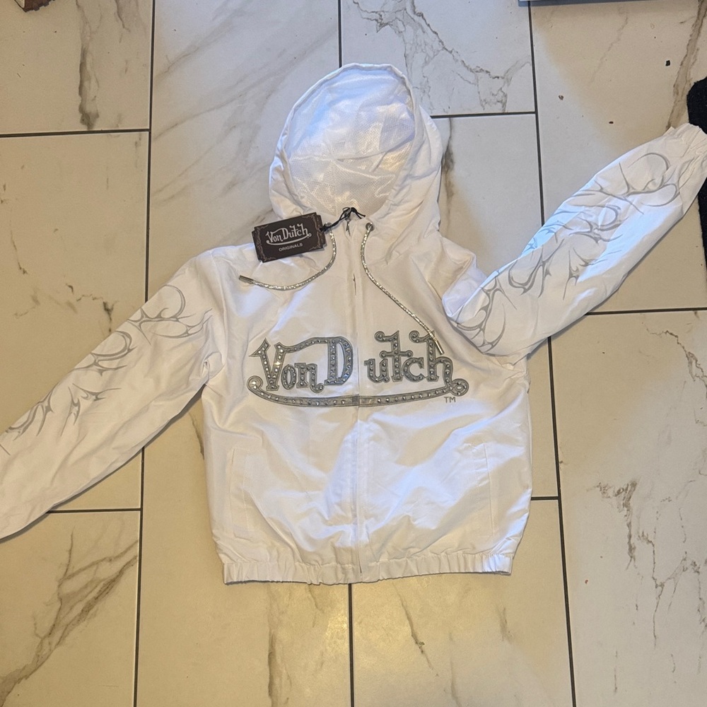 Von Dutch White, hooded windbreaker with bejeweled Silver Accents- awesome!!!!!